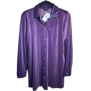 NWT J Jill Wearever Purple Velvet Button Up‎ Shirred Back Tunic Top; Size Small